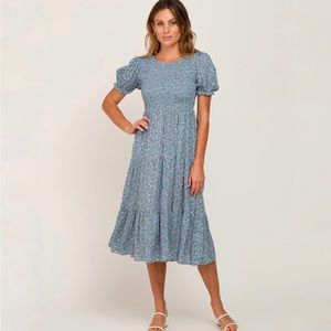 Blue Floral Smocked Midi Dress (Small)